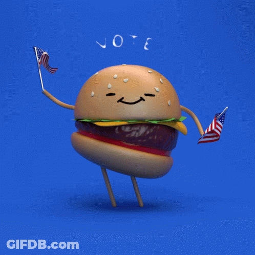 A Cartoon Illustration Of A Hamburger Holding Two American Flags And The Word Vote Behind It GIF