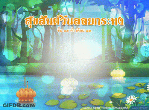 A Cartoon Illustration Of A Lake With Lily Pads And Candles In It GIF