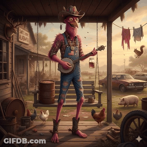 A Cartoon Illustration Of A Man Playing A Banjo In Front Of A Sweet Home Alabama Sign GIF