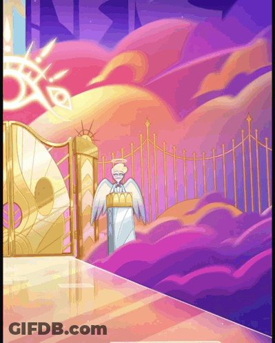 A Cartoon Illustration Of A Man With Wings Standing In Front Of A Gate GIF