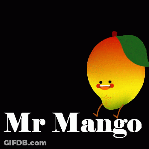 A Cartoon Illustration Of A Mango With A Face And Legs And The Words Mr Mango Below It GIF