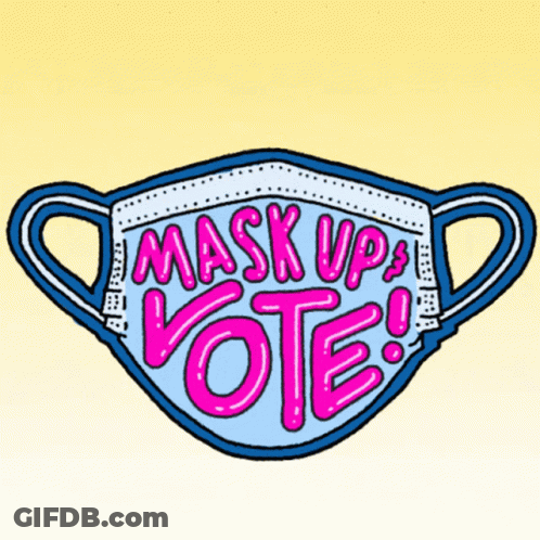 A Cartoon Illustration Of A Mask With The Words `` Mask Up Vote '' Written On It . GIF