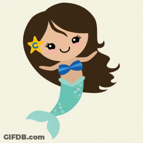 A Cartoon Illustration Of A Mermaid With Brown Hair And A Blue Tail GIF