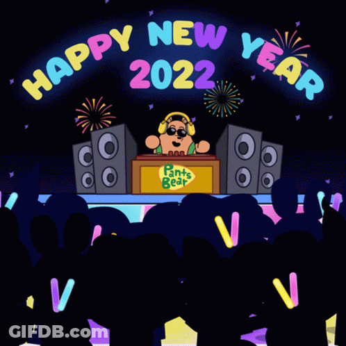 A Cartoon Illustration Of A Party With The Words Happy New Year 2022 Above It GIF