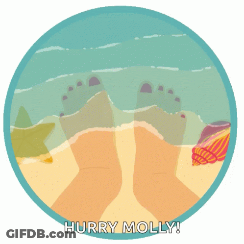 A Cartoon Illustration Of A Person 'S Feet On The Beach With The Words Hurry Molly Below Them GIF