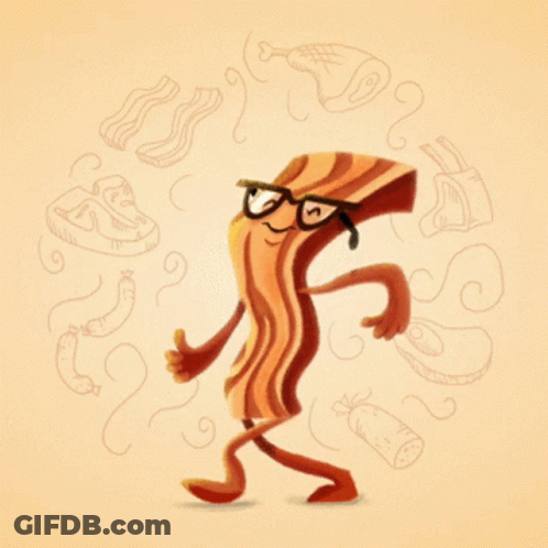 A Cartoon Illustration Of A Piece Of Bacon Wearing Glasses And Giving A Thumbs Up GIF