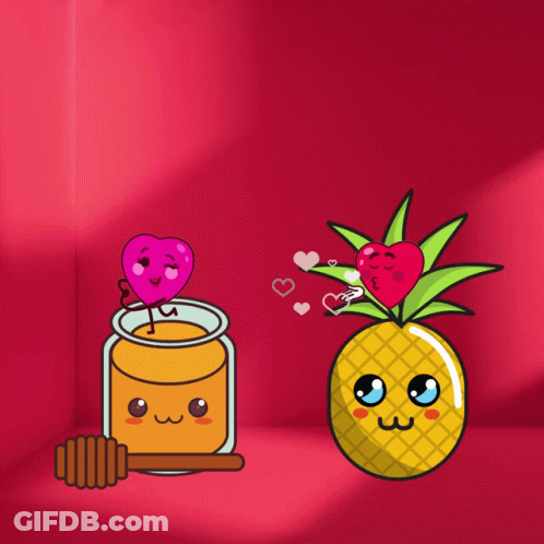 A Cartoon Illustration Of A Pineapple And A Jar Of Honey With A Heart Sticking Out Of It GIF