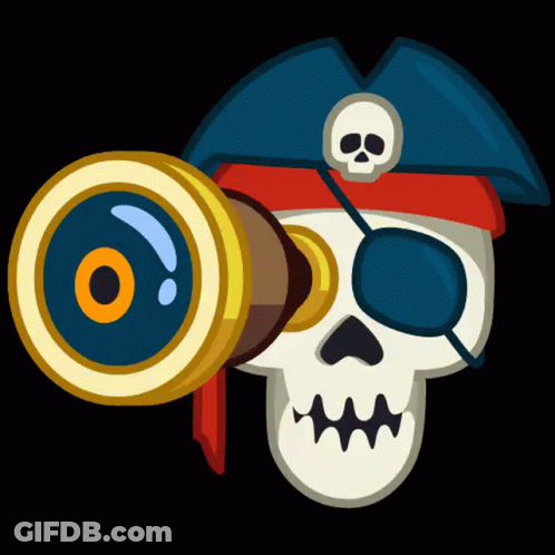 A Cartoon Illustration Of A Pirate Skull With An Eye Patch And A Telescope GIF