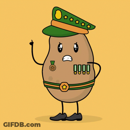 A Cartoon Illustration Of A Potato Wearing A Military Uniform And Hat GIF