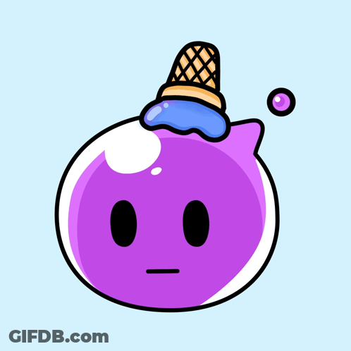 A Cartoon Illustration Of A Purple Blob With An Ice Cream Cone On Its Head GIF