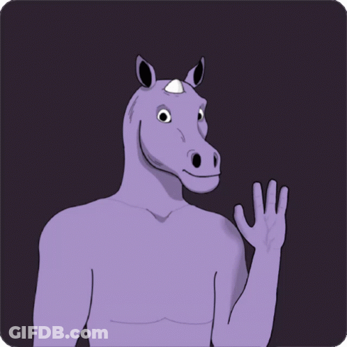 A Cartoon Illustration Of A Purple Unicorn Waving His Hand GIF