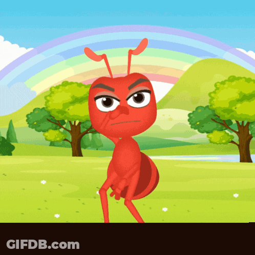 A Cartoon Illustration Of A Red Ant Standing In A Field With Trees And A Rainbow In The Background GIF