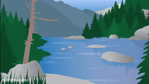 A Cartoon Illustration Of A River Surrounded By Trees GIF