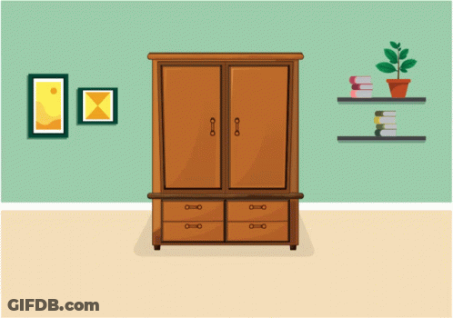 A Cartoon Illustration Of A Room With A Wardrobe And Shelves Of Books GIF