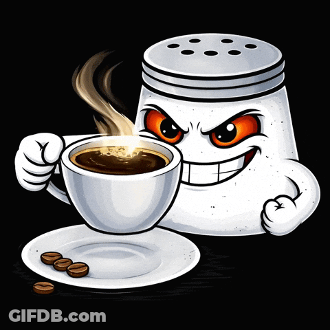 A Cartoon Illustration Of A Salt Shaker Holding A Cup Of Coffee Next To A Plate Of Coffee Beans GIF