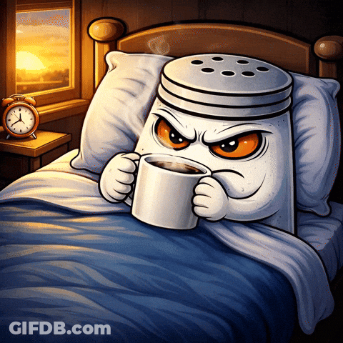 A Cartoon Illustration Of A Salt Shaker In Bed Holding A Cup Of Coffee GIF