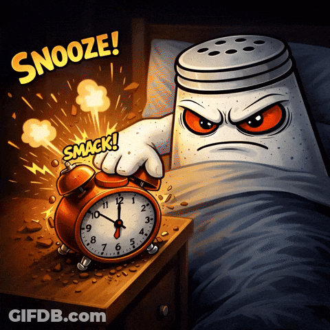 A Cartoon Illustration Of A Salt Shaker Smashing An Alarm Clock That Says Snooze GIF