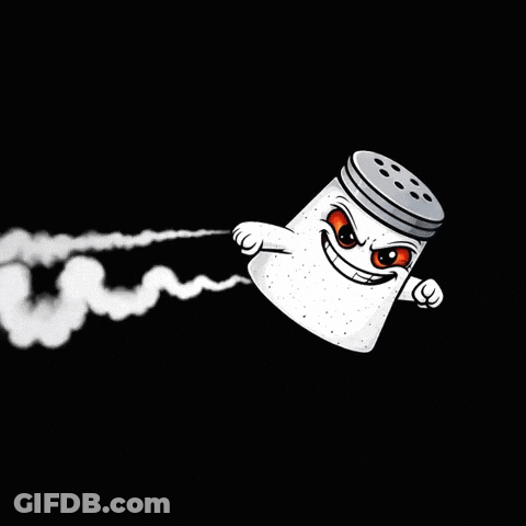 A Cartoon Illustration Of A Salt Shaker With Smoke Coming Out Of It 'S Mouth On A Black Background . GIF