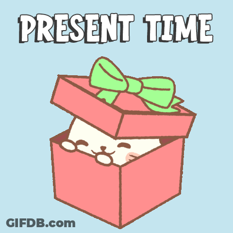 A Cartoon Illustration Of A Seal In A Gift Box With The Words Present Time Above It GIF