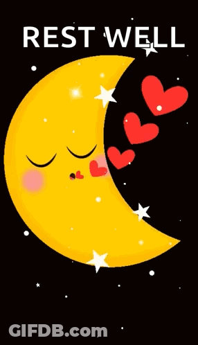 A Cartoon Illustration Of A Sleeping Crescent Moon With Red Hearts Coming Out Of It 'S Mouth . GIF