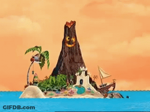 A Cartoon Illustration Of A Small Island With A Volcano And A Castle GIF