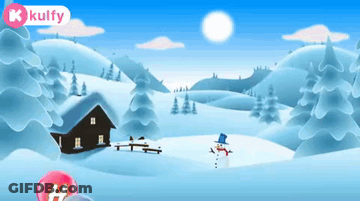A Cartoon Illustration Of A Snowy Landscape With A House And A Snowman In The Foreground GIF