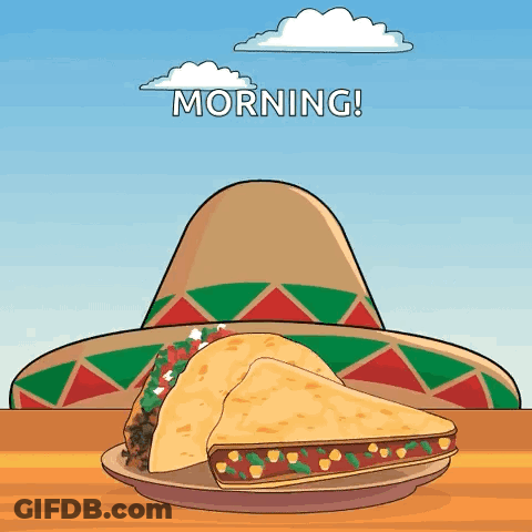 A Cartoon Illustration Of A Sombrero And A Taco On A Plate With The Words Morning Below It GIF