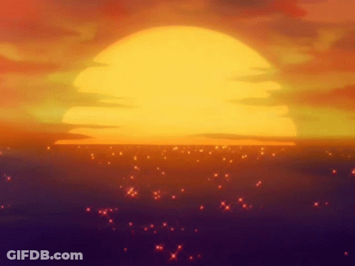 A Cartoon Illustration Of A Sunset Over The Ocean With Stars Flying In The Sky . GIF