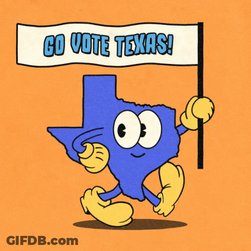 A Cartoon Illustration Of A Texas State Holding A Sign That Says Go Vote Texas GIF