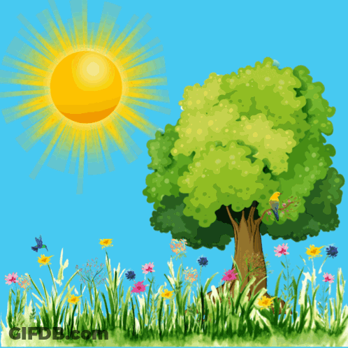 A Cartoon Illustration Of A Tree With Flowers And A Sun That Says Good Morning GIF