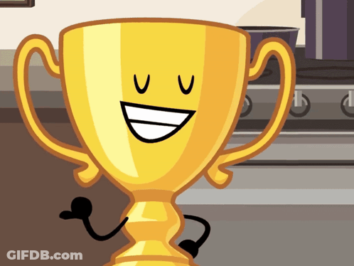 A Cartoon Illustration Of A Trophy With A Smiling Face On It GIF