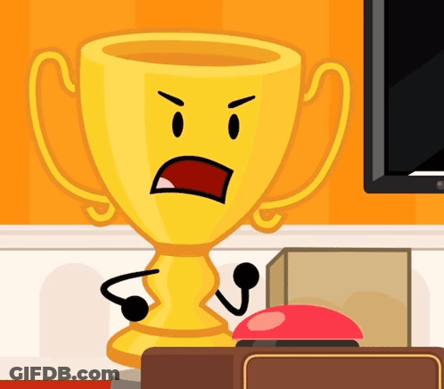 A Cartoon Illustration Of A Trophy With An Angry Face And Arms GIF