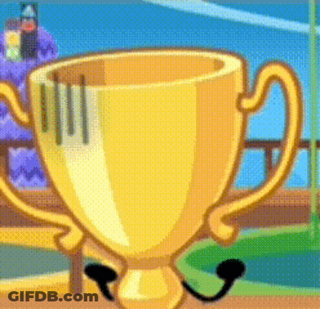A Cartoon Illustration Of A Trophy With Arms And Legs . GIF
