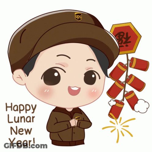 A Cartoon Illustration Of A Ups Worker Wishing Happy Lunar New Year GIF