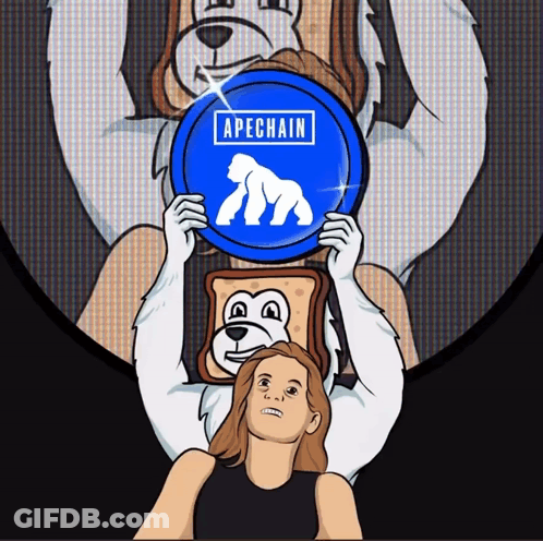 Cartoon Woman Holding Blue Apechain Coin GIF