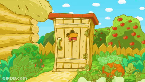 A Cartoon Illustration Of A Wooden Outhouse GIF