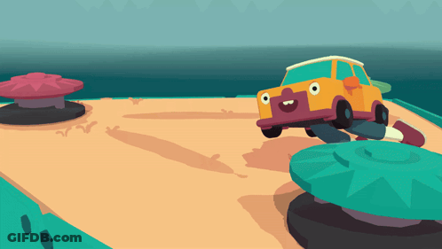 A Cartoon Illustration Of A Yellow Car With A Face On It GIF