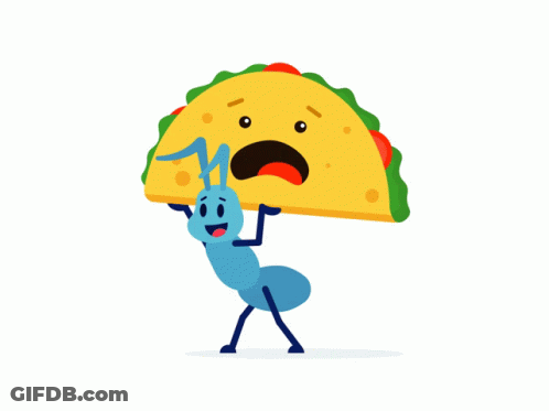 A Cartoon Illustration Of An Ant Carrying A Taco With A Sad Face GIF