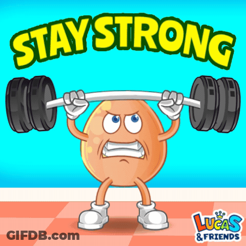 A Cartoon Illustration Of An Egg Lifting A Barbell With The Words " Stay Strong " Written Above It GIF