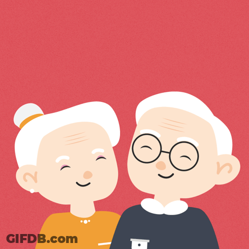 A Cartoon Illustration Of An Elderly Couple Looking At Each Other With The Letters S On Their Heads GIF