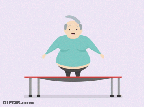 A Cartoon Illustration Of An Elderly Man Standing On A Trampoline GIF