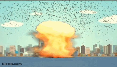 A Cartoon Illustration Of An Explosion With Birds Flying Around It GIF