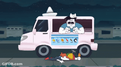 A Cartoon Illustration Of An Ice Cream Truck With A Man In The Driver 'S Seat GIF
