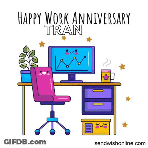 A Cartoon Illustration Of An Office With The Words Happy Work Anniversary Tran At The Top GIF