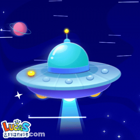 A Cartoon Illustration Of An Ufo With The Words Lucas & Friends On The Bottom GIF