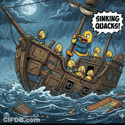 A Cartoon Illustration Of Ducks On A Boat With The Words Sinking Quacks Above It GIF