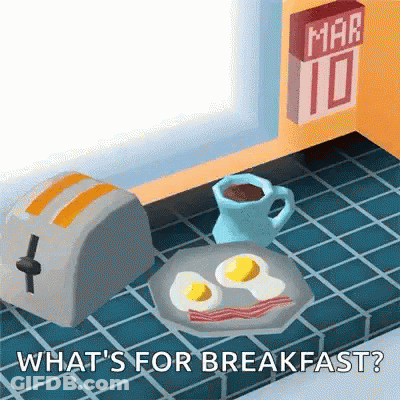 A Cartoon Illustration Of Eggs Bacon And Coffee With The Words " What 'S For Breakfast " Below It GIF