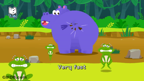 A Cartoon Illustration Of Frogs And A Hippo That Says Very Fast On The Bottom GIF