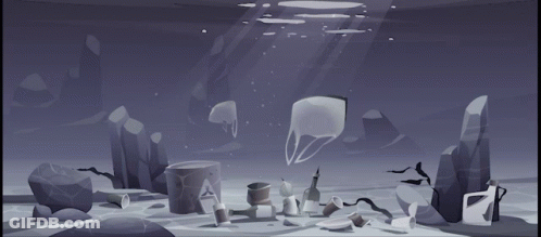 A Cartoon Illustration Of Garbage In The Ocean Including A Plastic Bag GIF