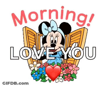 A Cartoon Illustration Of Minnie Mouse With Flowers And A Heart And The Words `` Morning ! Love You '' . GIF